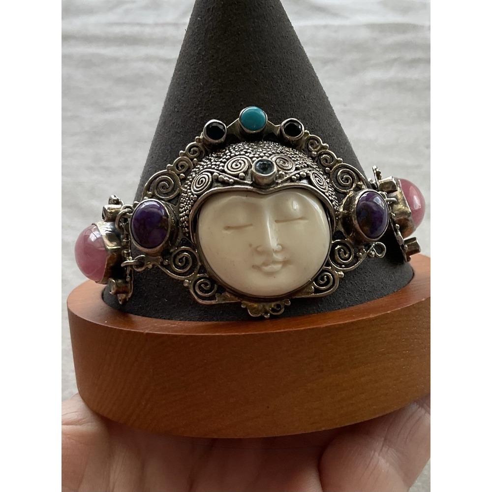 Vintage 925 Sterling Silver Multi Gemstone Goddess Toggle Bracelet Estate Jewelr